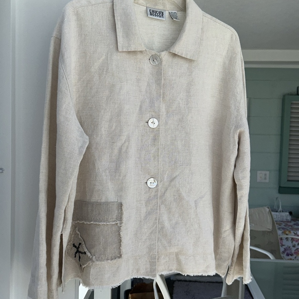 CHICO’S DESIGN Button-Up Jacket with Patch Detail Size 2 💯 % LINEN - Picture 12 of 15